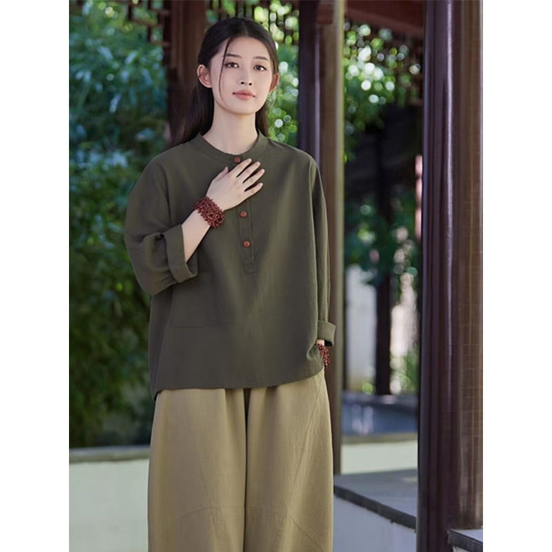 禅服棉麻盘扣居士服秋季中国风佛系禅意素衣女新中式太极表演服|undefined