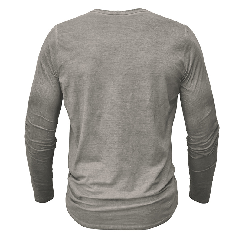Imitation Henry Hemd Langarm Herren Knopfleiste gewaschenes altes V-Ausschnitt T-Shirt Top_voghion.com