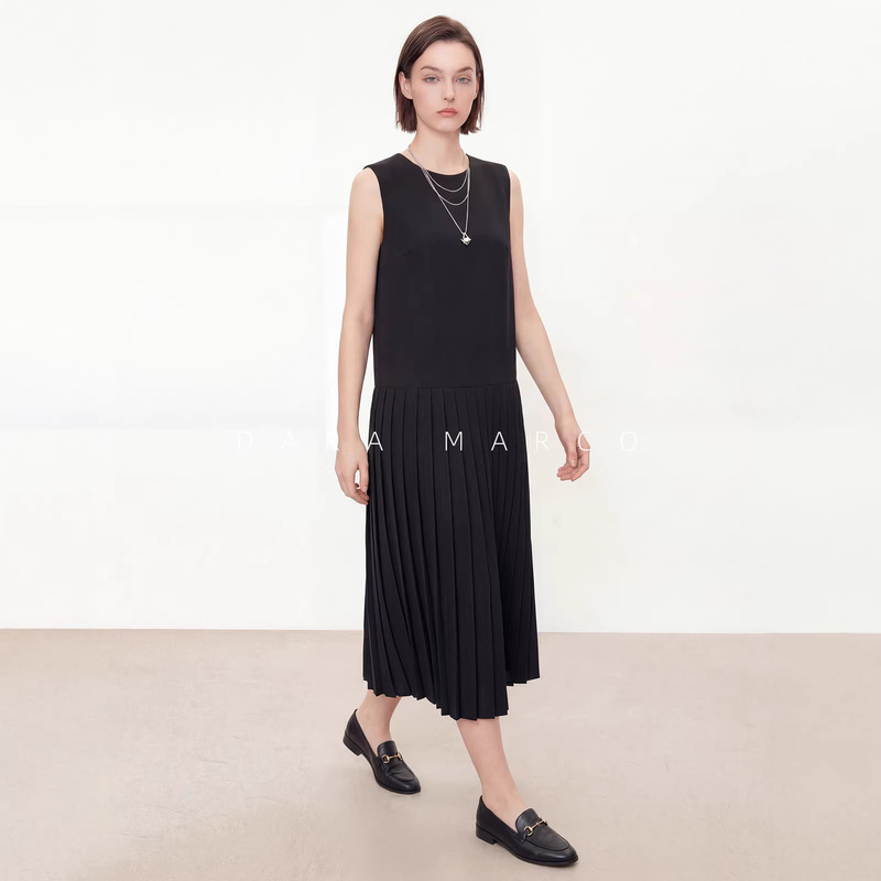 Gd Cabinet 1W + Imported 220S Australian Worsted Wool Sleeveless Pleated Black Dress Autumn and Winter Elegant Style