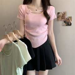 ローズリボン巾着プリーツ半袖Tシャツレディース2025夏スリムフィットウエストニットトップ