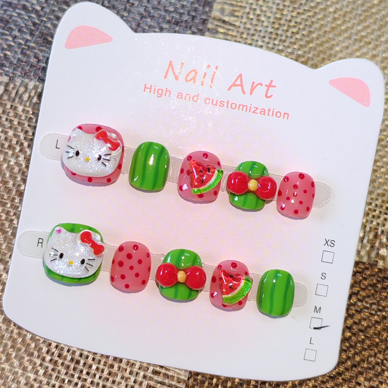 Children's Handmade Wearable Nails, Popular Creative Watermelon Glitter Hello Kitty Manicure, Wholesale of Nail Stickers for Kids Children's Handmade Wearable Nails, Popular Creative Watermelon Glitter Hello Kitty Manicure, Wholesale of Nail Stickers for Kids