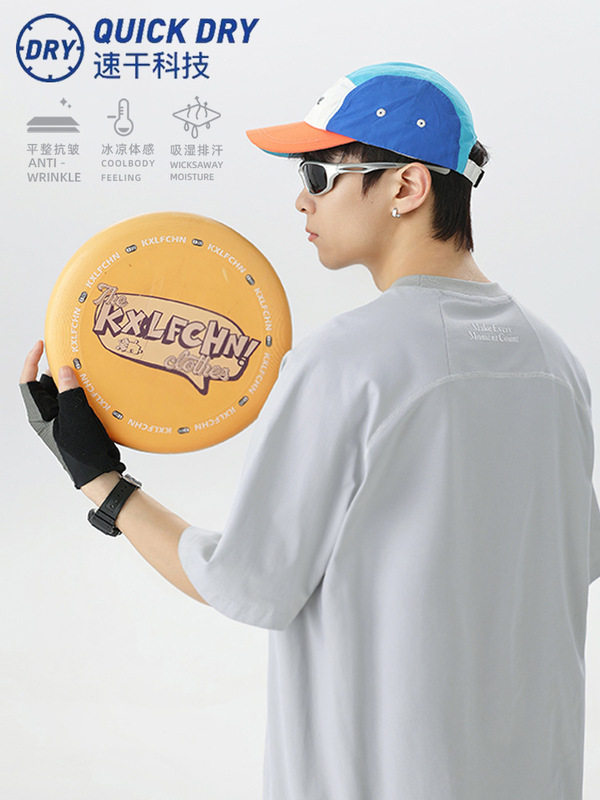 涼感速乾弧形明線分割半袖tシャツ男性夏プリントアウトドアスポーツゆるい半袖tシャツ|undefined