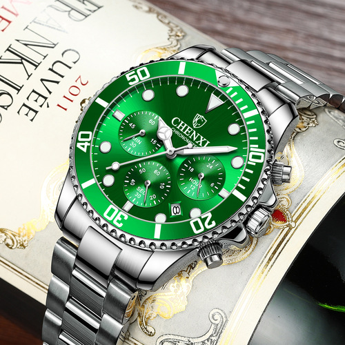 Chenxi Multifunctional Solid Steel Band Men's Watch Three Eyes Six Needles Cross-border Live Calendar Chronograph Waterproof Ghost Quartz Watch