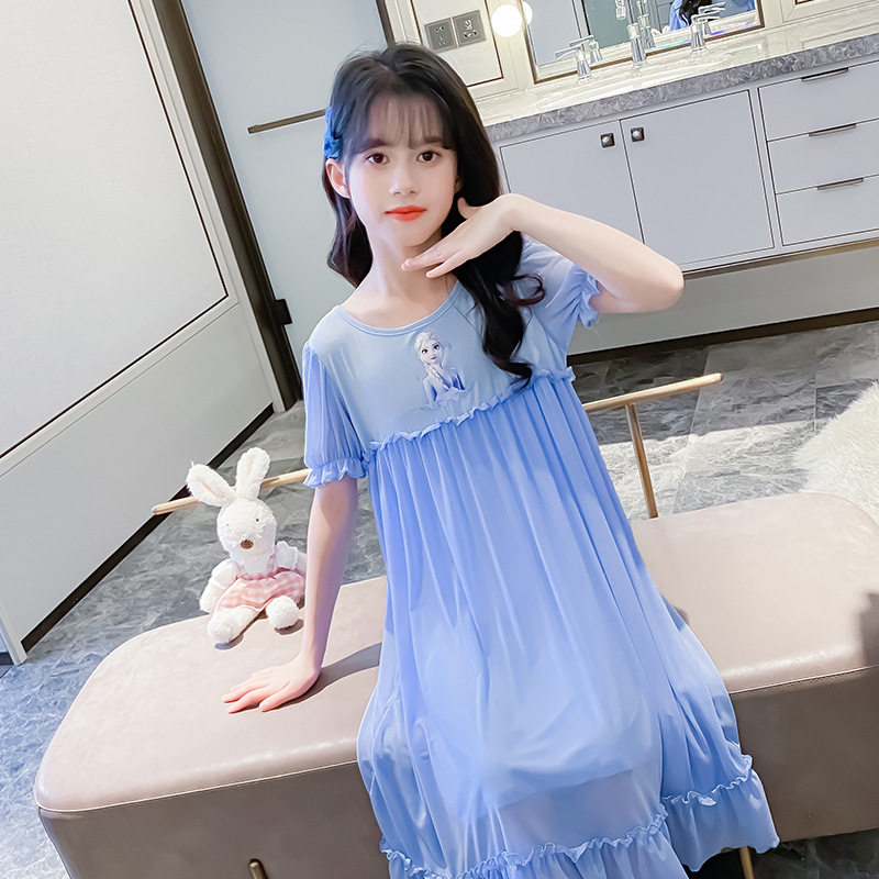 女童睡衣夏季薄款冰丝短袖儿童公主宫廷风女孩莫代尔睡裙夏天仙气