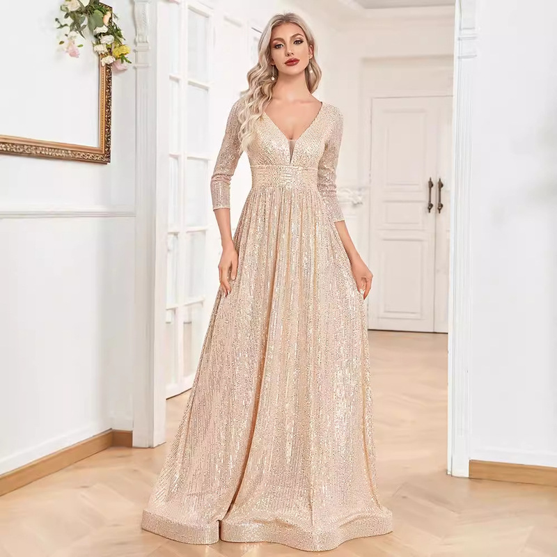 Evening Dress Women's V Neck Long-Sleeved Sequined 2025 New Wedding Host Elegant Slim Party Dance Dress