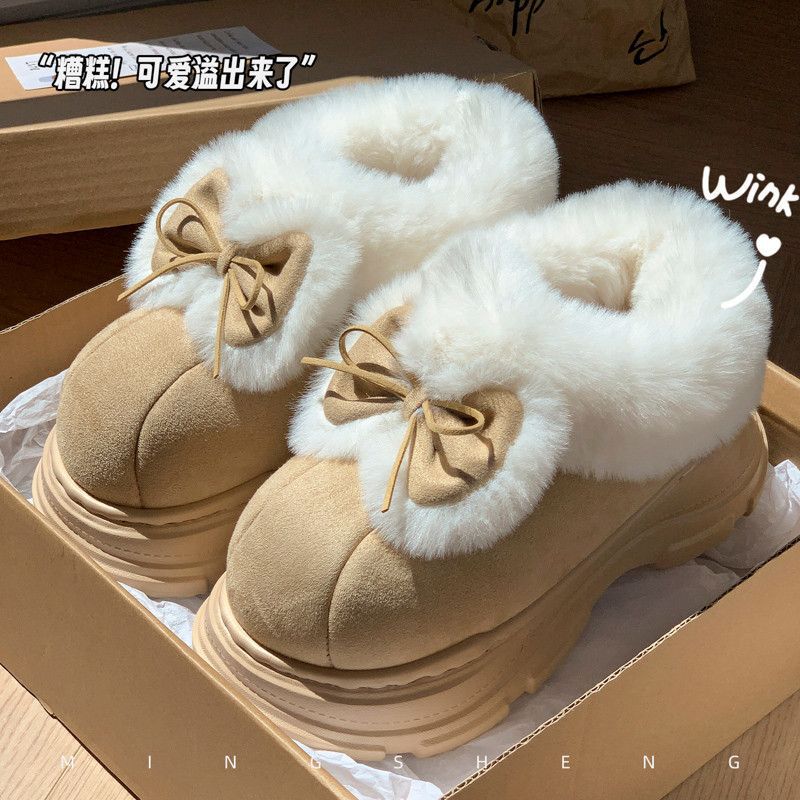 冬季外穿时尚蝴蝶结女款雪地靴毛绒踩屎感厚底保暖防滑时尚棉鞋|undefined