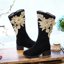 棉靴女长筒高靴夹棉加绒绒2021冬季麂皮绒刺绣花朵绣花布靴