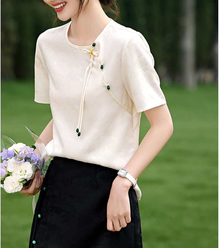 Áo sơ mi nữ satin jacquard phong cách Trung Quốc tay ngắn thanh lịch — màu trắng ngà chi tiết 9