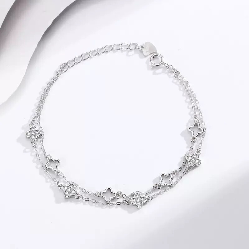 S925 二層四つ葉のクローバーアンクレット女性用スターリングシルバーインフォレストローズゴールドライト高級ハイエンド気質フットジュエリーシンプル|undefined