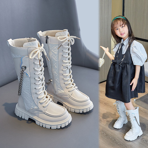 Korean version of autumn and winter children's shoes, waterproof, non-slip, fashionable mid-high boots, children's single boots, parent-child chain princess leather boots