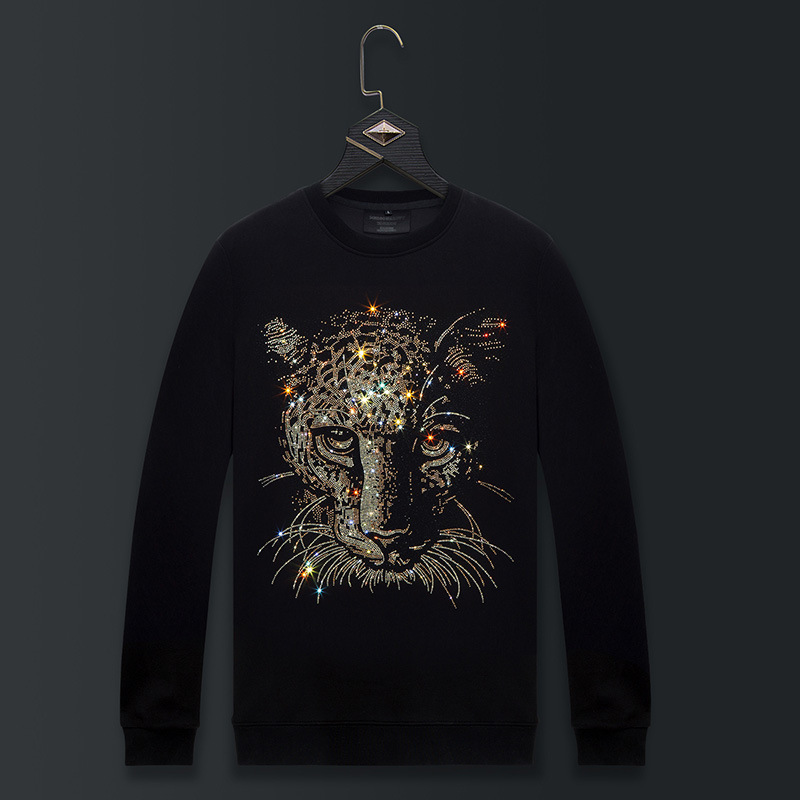 Men's Sweatshirt Spring and Autumn 2026 New Style Plus-Size Men's Clothing Heavy-Duty Rhinestone Leopard Print