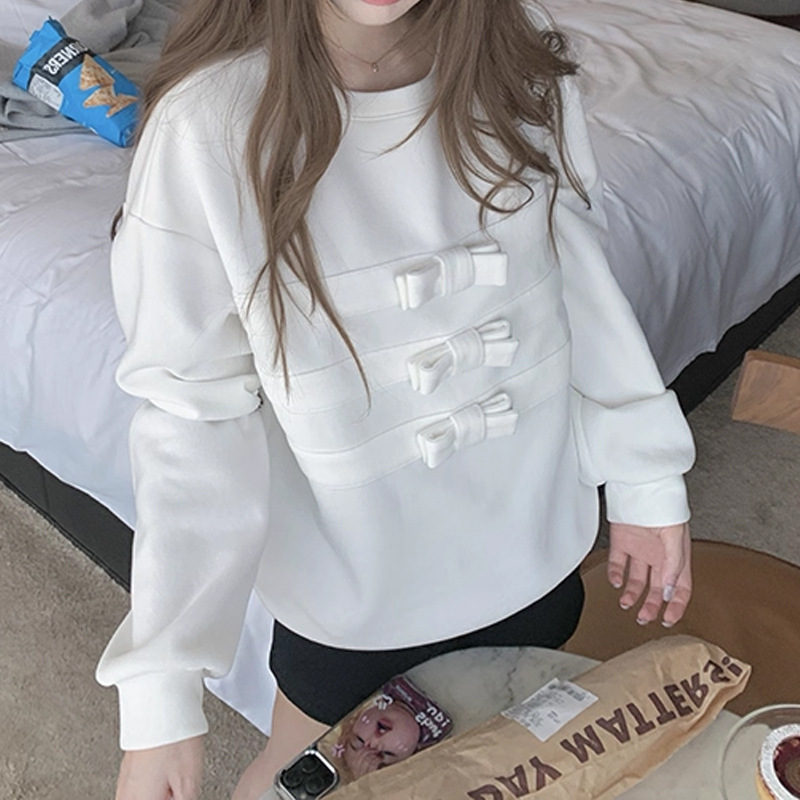 槿一蝴蝶结圆领长袖白色卫衣女2025新款巨好看的无帽短款上衣套头|undefined