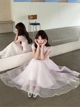 法式甜美设计感欧根纱泡泡袖连衣裙女装夏季2025新款收腰蓬蓬长裙