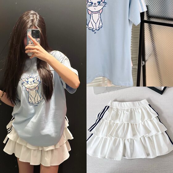 High Version ~ 2025 Co-Branded Fashionable Round Neck Loose Contrasting Color Cat Print Short-Sleeved T-Shirt Cake Skirt Short Skirt for Women
