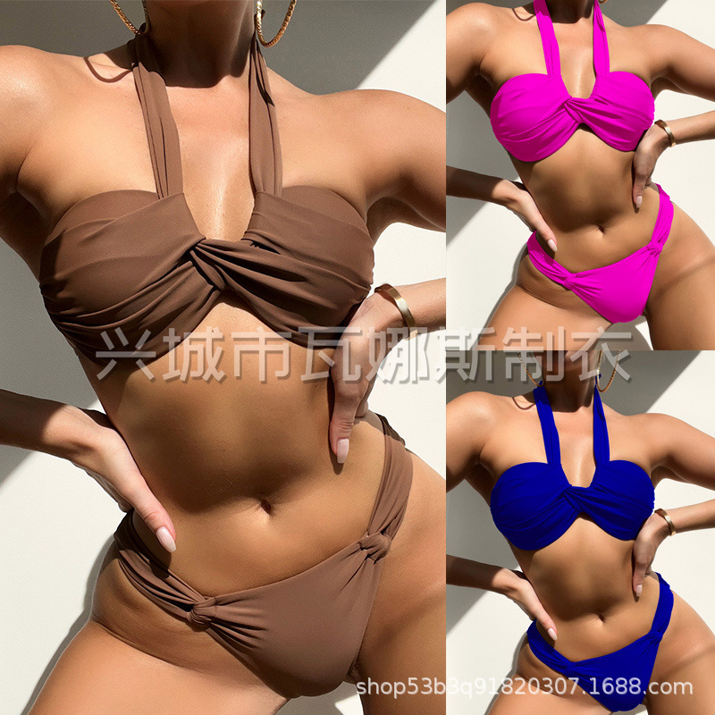 Cross-Border Hot Selling Bikini Female European and American Swimsuit Female Sexy Pure Color Halter Bikini Foreign Trade Swimwear Manufacturer Wholesale