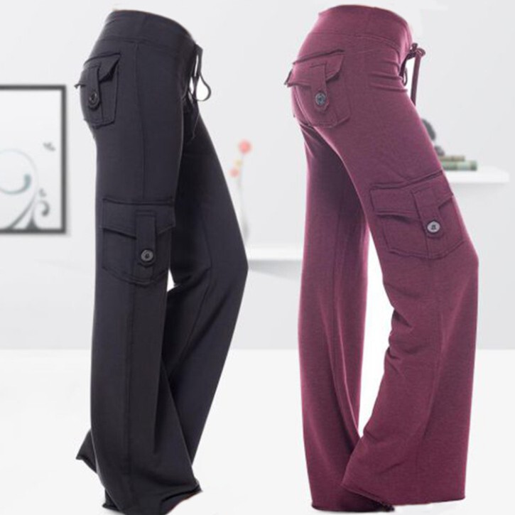 Women's Stretch Waist Button Four Pocket Drawstring Yoga Wide Leg Pants