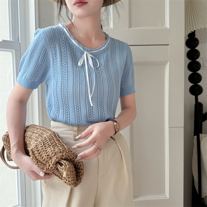 2025 лето новый французский кружевной короткий рукав женский дизайн уникальный темперамент шикарный топ