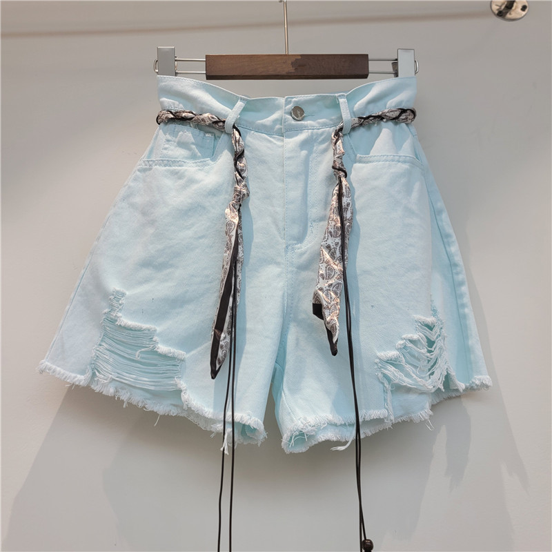 Pantalón Corto de Mezclilla de Cintura Alta con Rasgados Corte A para Verano