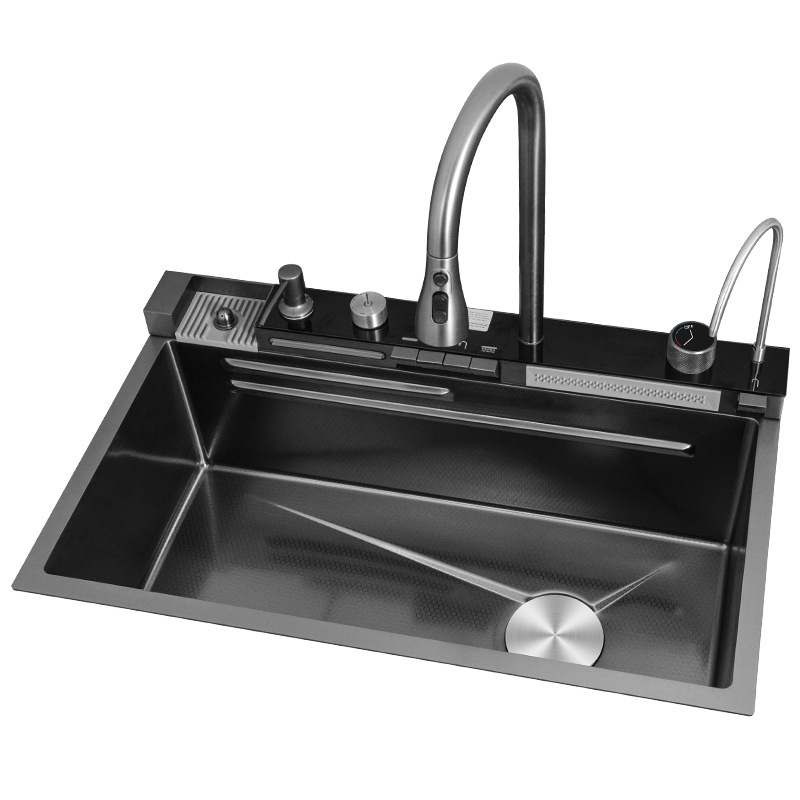 Venta directa de fábrica, fregadero de cocina moderno de una sola ranura, multifuncional, de acero inoxidable negro cepillado, con diseño de cascada inteligente