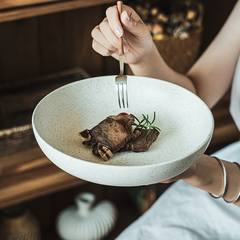 Retro sésamo esmaltado cerámica bocadillo práctico tazón grueso gran tazón redondo casero cubiertos tazón de carne de carne de comida occidental