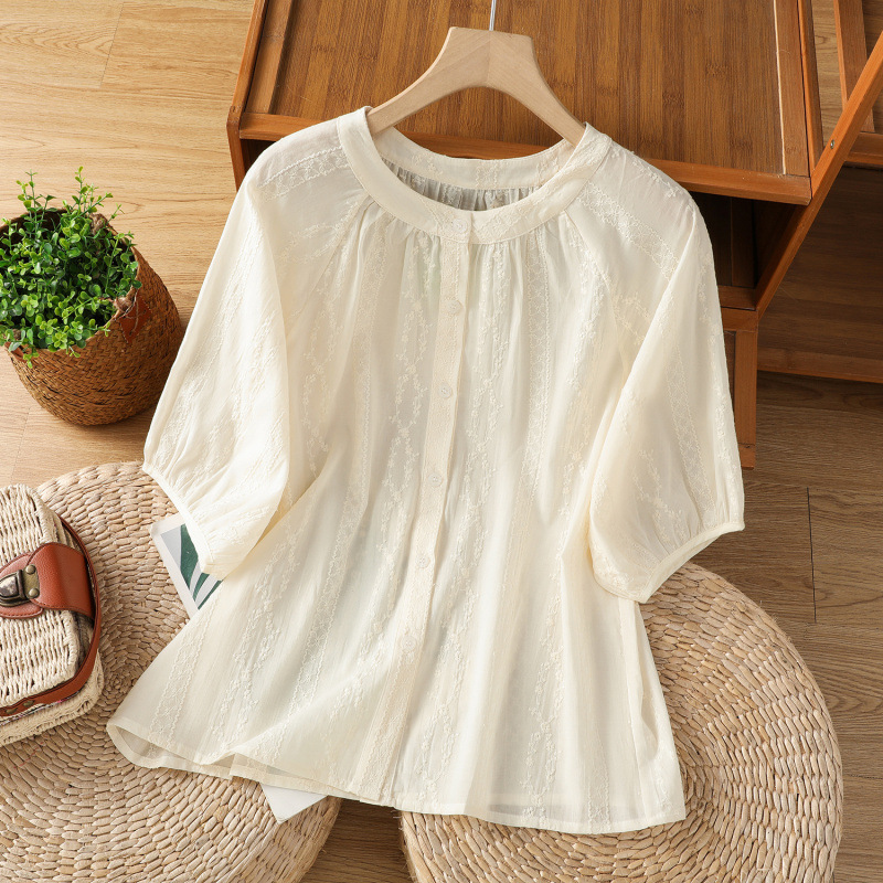 2025买手店清仓捡漏法式复古绣花短袖衬衫女新款显瘦娃娃衫衬衣女