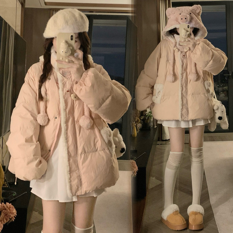 Real Shot of Winter Cute Piggy Hooded Cotton Jacket for Women with Stereo Bear Ear Design, Loose, Warm and Age-Reducing Sweet Jacket