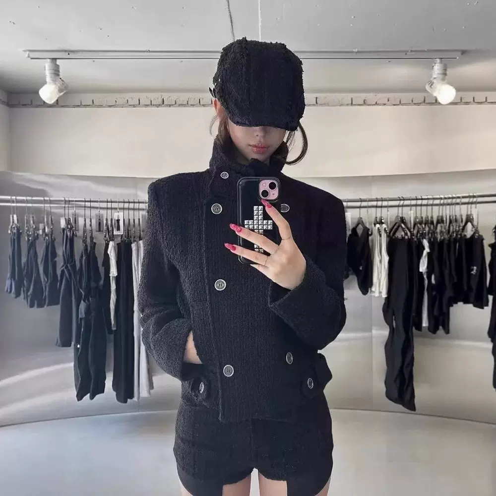 现H 翻领双排扣短款毛呢外套女2025秋冬立领修身显瘦上衣bohems*o