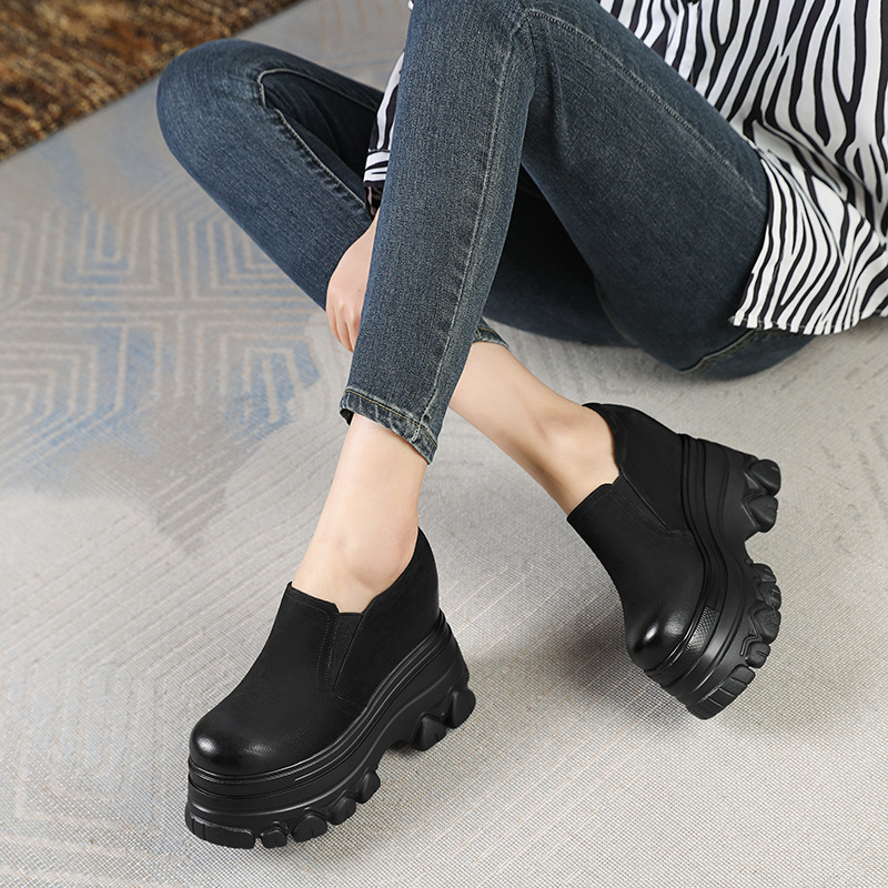 Giày cao gót nữ đế xuồng platform mũi tròn phong cách Anh quốc, gót 12 cm — màu đen
