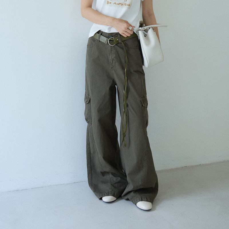【Oufan】Military Green Work Pants for Women, Casual Pants, Hiking Pants, Paratrooper Pants, American Style Straight Wide-Leg Pants 11340 【Oufan】Military Green Work Pants for Women, Casual Pants, Hiking Pants, Paratrooper Pants, American Style Straight Wide-Leg Pants 11340