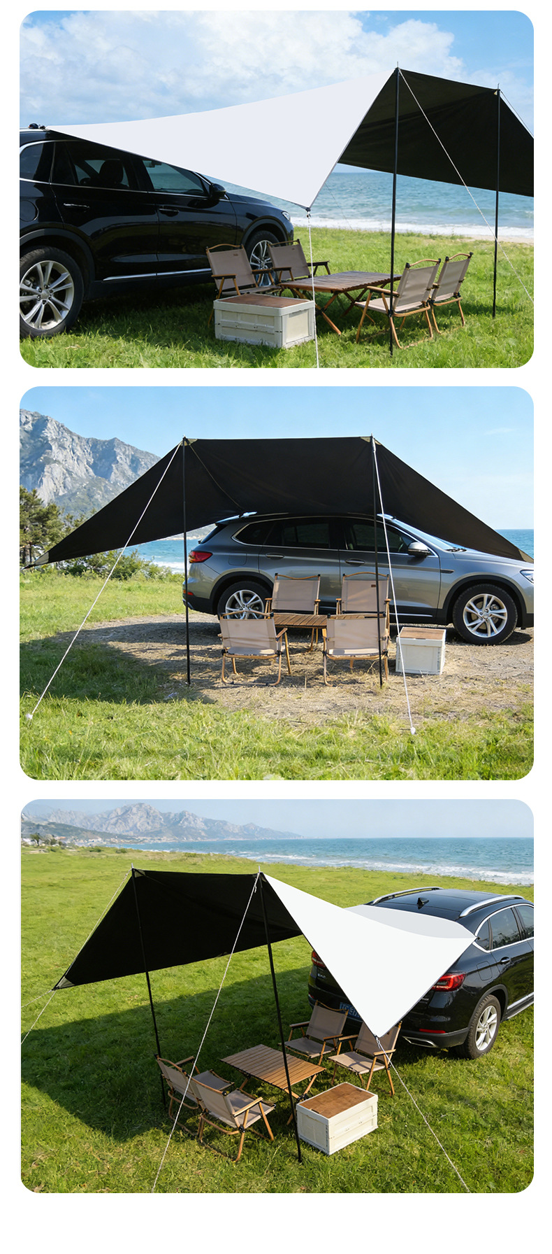 Direct manufacturer of car-side sunshade with black coating, portable for outdoor camping, sun and rain protection for self-driving trips
