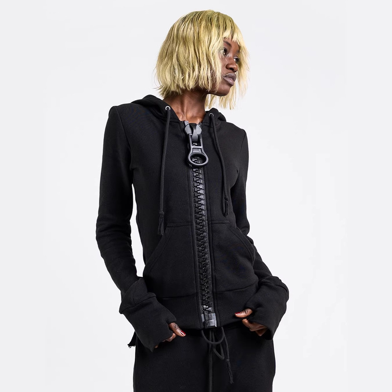 European and American Cross-Border Wholesale Personalized Large Zipper Color-Block Slimming Hooded Sweatshirt Casual Solid Color