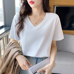 ホワイト半袖 V ネック Tシャツレディースルーズ夏香港スタイル右肩白 Tシャツトップ 2025 新しいスタイル