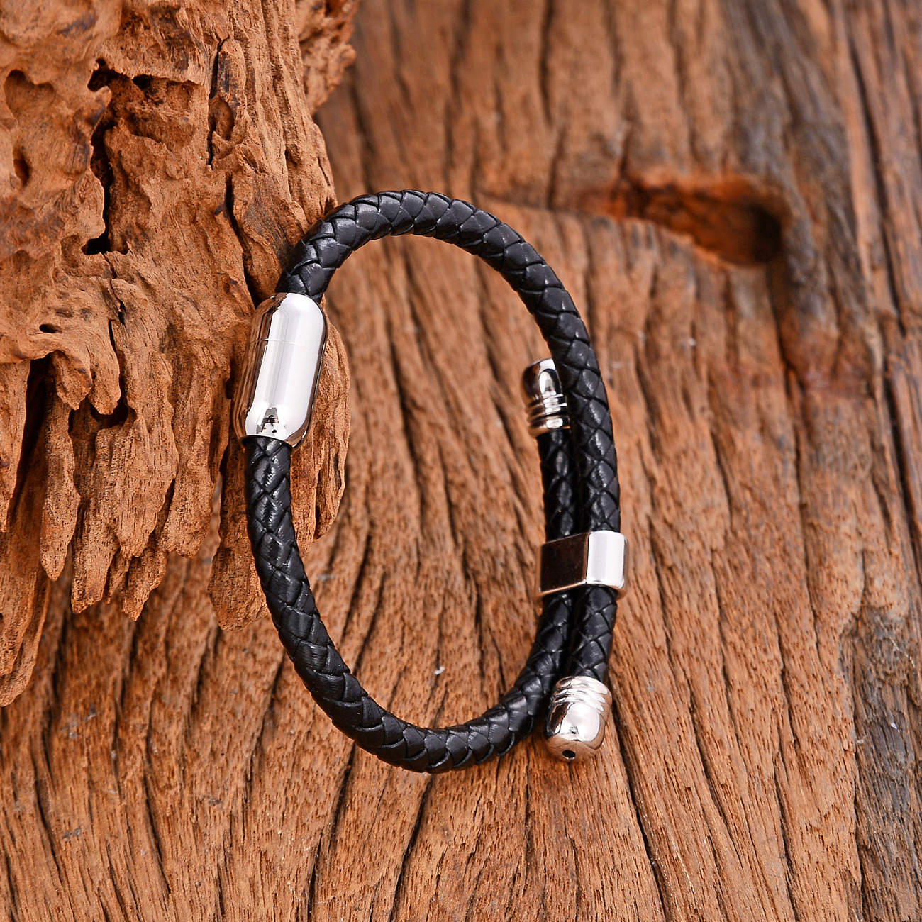 316 Stainless Steel , Pu Leather Material Retro Punk Solid Color 304 Stainless Steel Pu Leather Men's Bangle Men Cord & Leather Bracelets