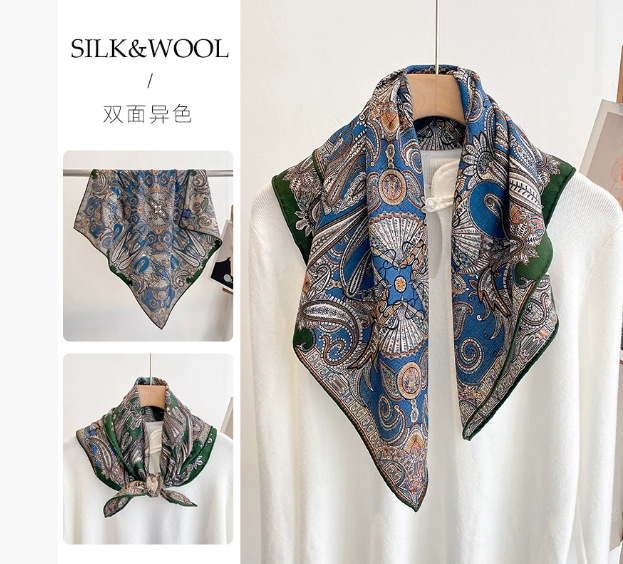 2025春秋冬新型高級シルクウールマフラー女性ファッション気質プリントストール両面シルクスカーフ