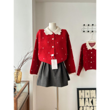 红色毛衣女秋冬圣诞氛围感穿搭洋气减龄上衣加厚娃娃领针织开衫