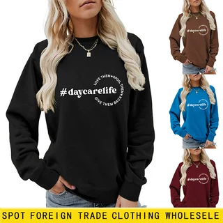 欧美秋冬新款极简风圆领长袖daycarelife字母印花百搭宽松卫衣女