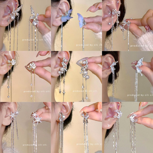 Super fairy temperament long bow tassel fairy pierced ear mosquito coil disc ear clip niche high-end sweet earrings
