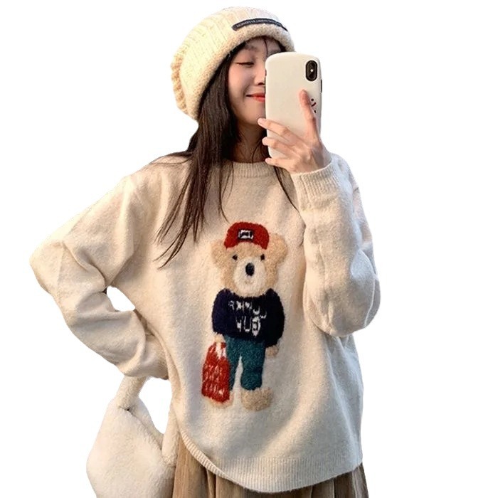 나른한 바람 나이 빼기 2023 곰돌이 신상 한국판 스웨터 여자 가을 겨울 와이
