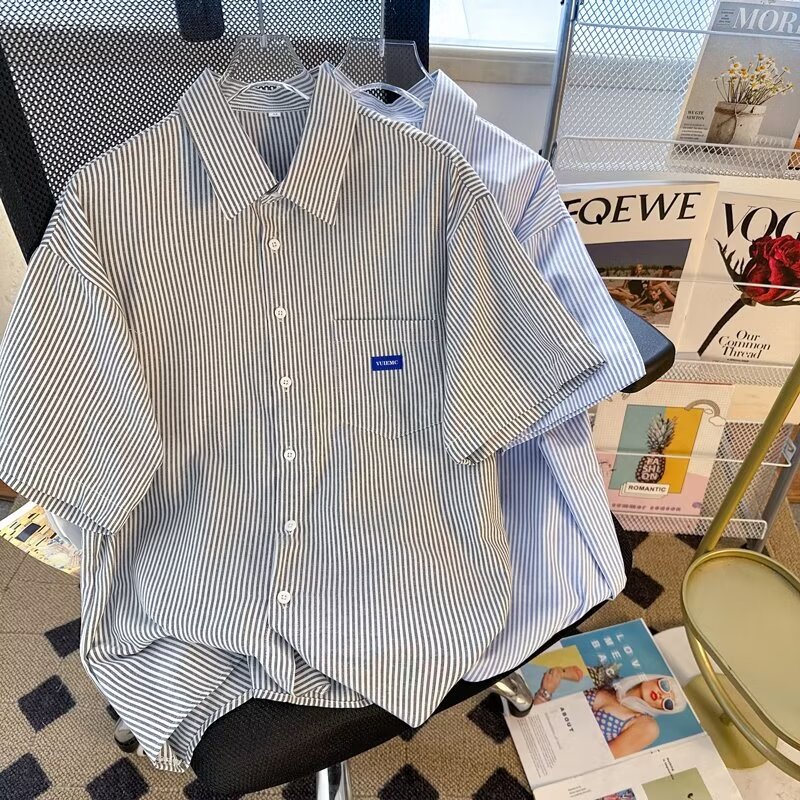 Summer Trendy Brand Striped Shirt Men's Duffy Handsome American Retro Loose Casual High Street Short Sleeve Shirt Jacket Thin