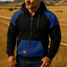 跨境秋冬新款男式连帽拼色卫衣欧美青年运动开衫贴皮上衣外套宽松