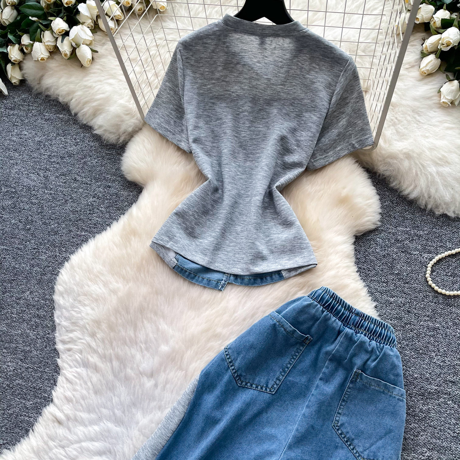 Retro Patchwork Denim Set for Women Short Sleeved Hong Kong Style Summer Casual Straight Leg Pants Two Piece Slimming Outfit_ecoleips.com