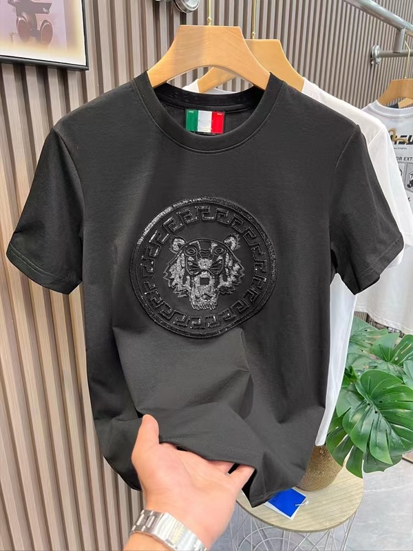 工場直販夏新作メンズユース刺繍タイガーヘッドスパンコール半袖Tシャツラウンドネックトレンドスリムハーフスリーブ|undefined