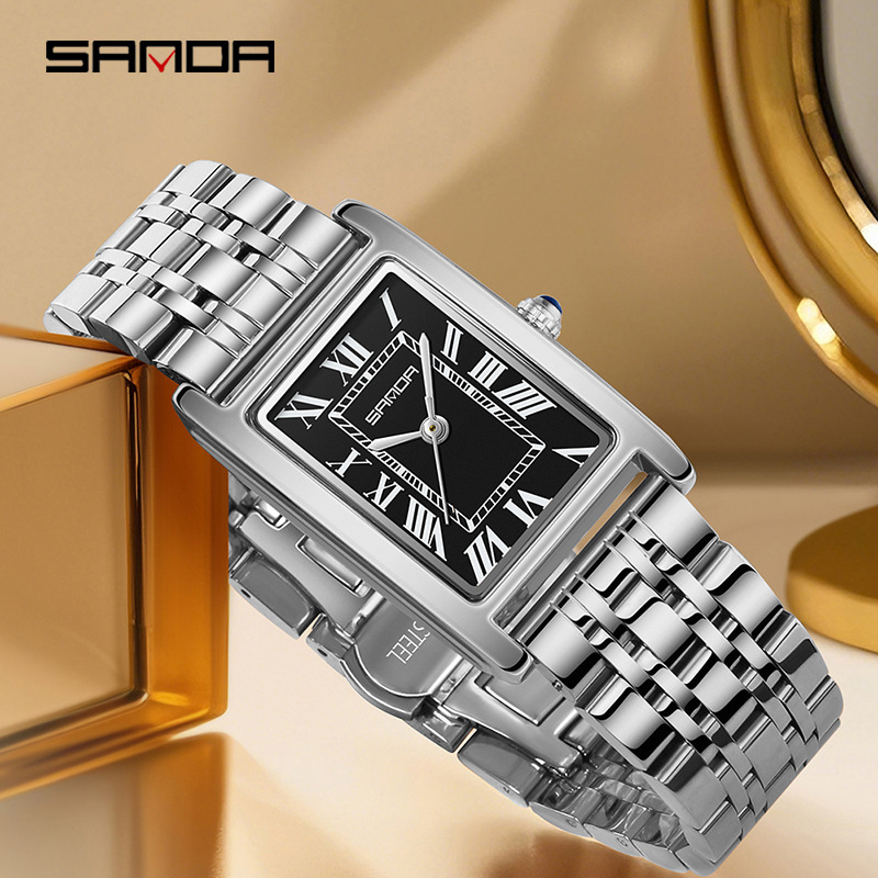Sanda New Couple Watch Classic Roman Scale Square Quartz Watch Niche Light Luxury Steel Band Business Waterproof Watch