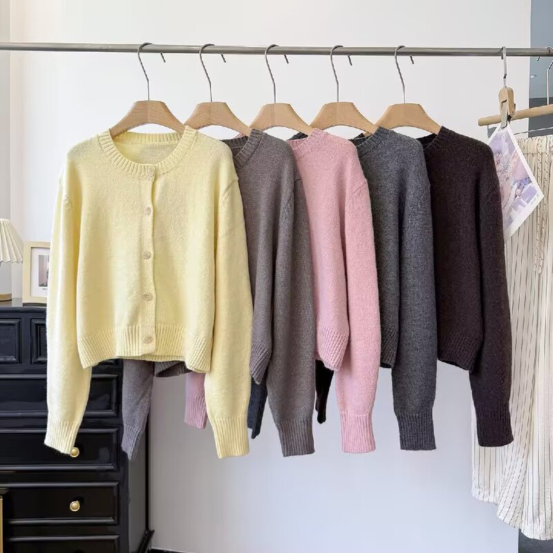 MYST&ZA early autumn minimalist style round neck single-breasted loose straight shoulder drop long sleeve knitted cardigan, simple and versatile