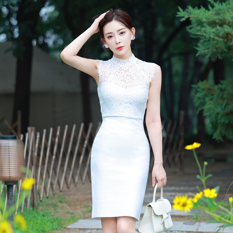 White Lace Bandage Dress with a Stylish Design for New Year, Valentine's Day Sheer Stretch Dress, Wedding Toast Dress
