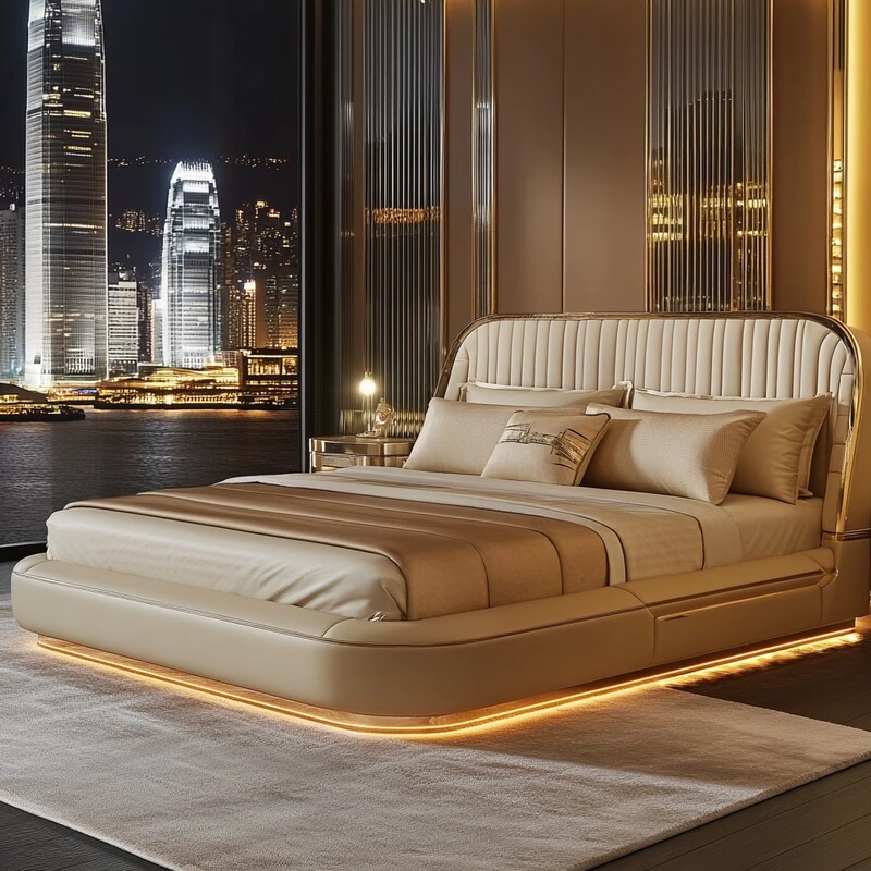 Master Bedroom Large Bed Double Bed Double Multifunctional Bed Leather Bed Master Bedroom Light Luxury Double Bed Leather Bracket Structure