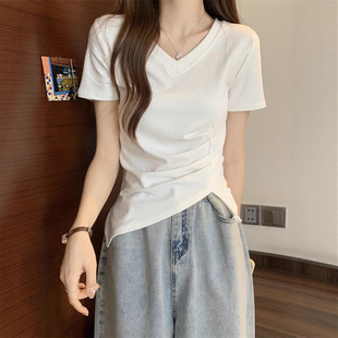 White Short-Sleeved T-Shirt for Women in Summer New Design Niche Asymmetrical V-Neck Pleated Right Shoulder Slim Short Top