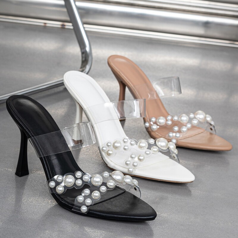 2024 New French Transparent Pearl High-heeled Sandals and Slippers All-match Women's High-heeled Slippers