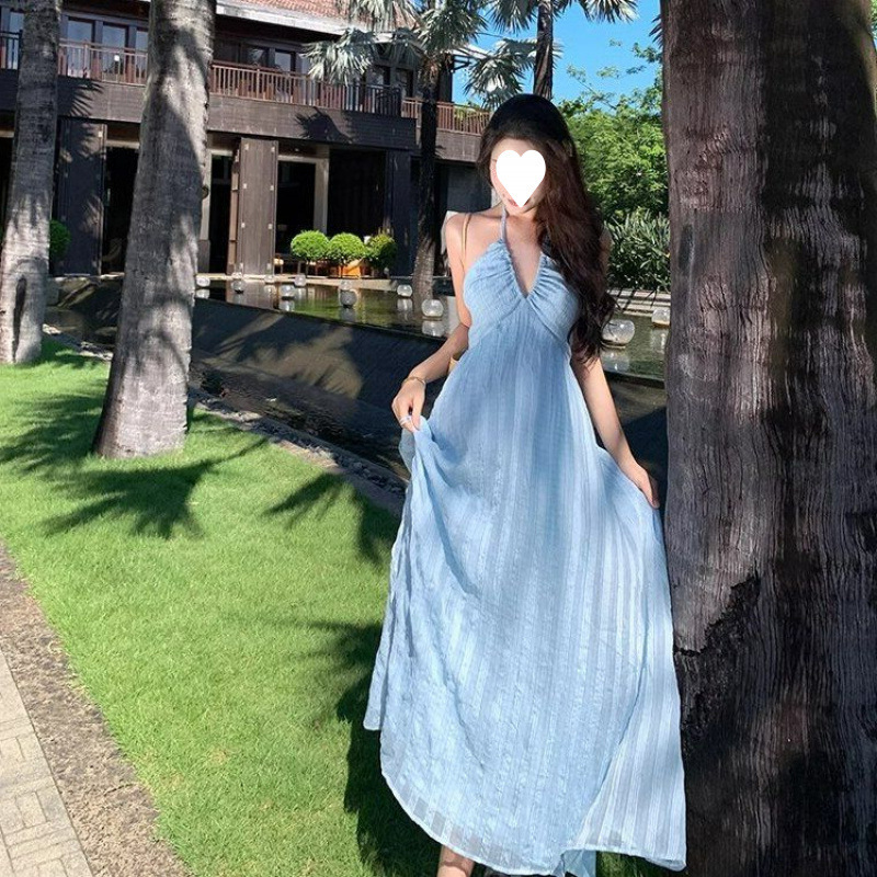 Blue French-Style Sleeveless Halter Neck Dress for Women, Niche Style, Long Dress for Seaside Vacation
