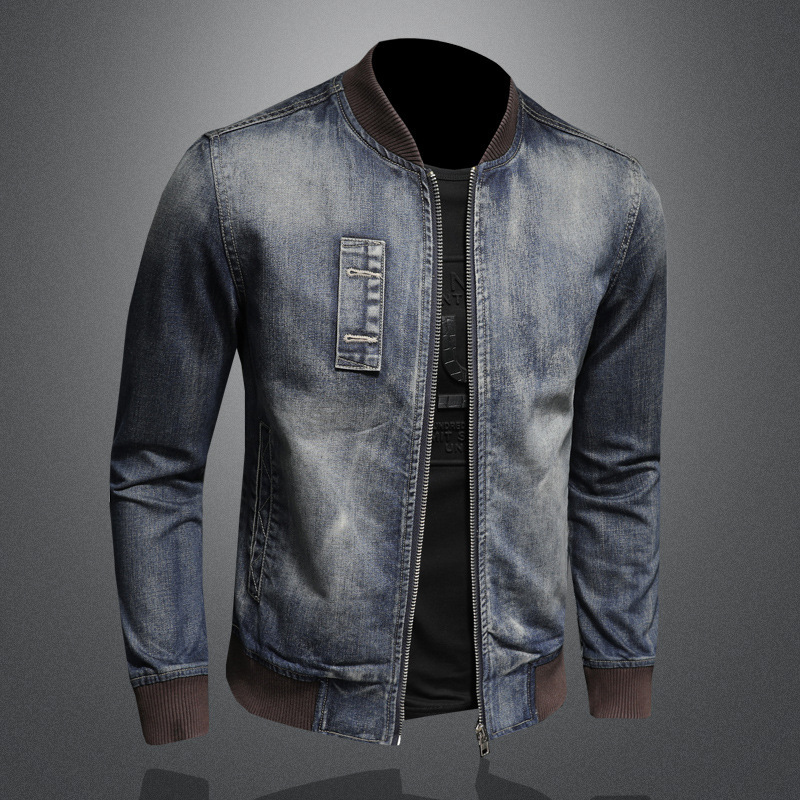 Stylish Retro Men's Denim Jacket Stand Collar Motorcycle Style_voghion.com